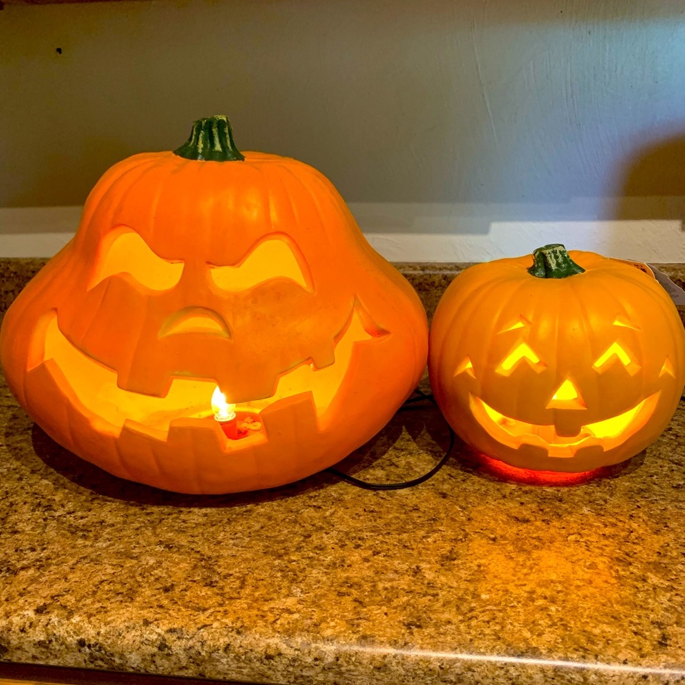Two light up Halloween pumpkin decorations